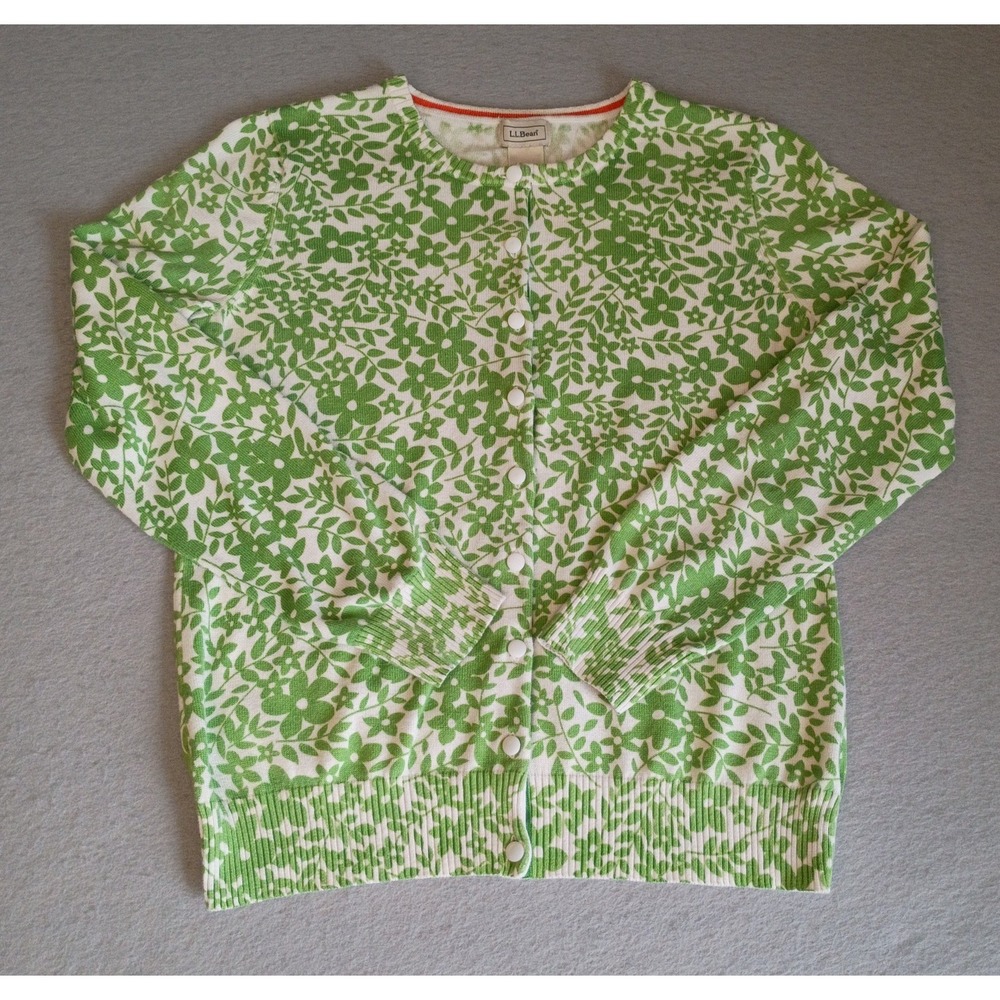 LL Bean Floral Leaf Print Button Up Cardigan Sweater Women's Sz Green/White